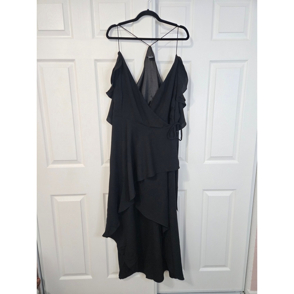 City Chic Black Ruffle Wrap High-Low Maxi Dress Plus Size M 18 V-Neck Strappy